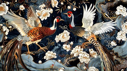 An elaborate embroidery of peacock and tree, white flowers, dark background, chinoiserie style