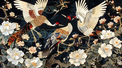 An elaborate embroidery of peacock and tree, white flowers, dark background, chinoiserie style