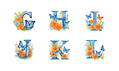 Watercolor Floral Alphabet Set G, H, I, J, K, L With Butterfly. Botanic, Bouquets, Baby. Generative AI