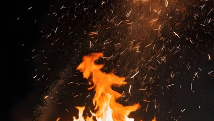 "Create an image of a roaring fire with bright orange flames and a shower of sparks flying upward against a deep black night sky. The scene should capture the dynamic movement of the embers, with some
