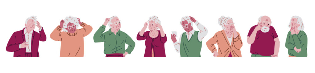Set of elderly men and women holding their heads in anxiety.