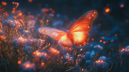 A butterfly is flying in a field of flowers. The butterfly is orange and has a glowing effect. The scene is peaceful and serene, with the butterfly being the focal point of the image