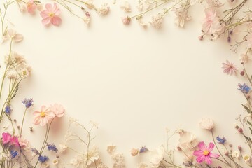 Blank paper mock up with flowers arranged in a diagonal line from top to bottom, providing a dynamic and visually interesting layout with ample copy space.