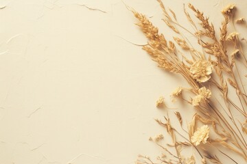 Blank paper mock up with a single dried flower lying diagonally across the corner, set against a clean background with ample copy space, creating a rustic and vintage look.