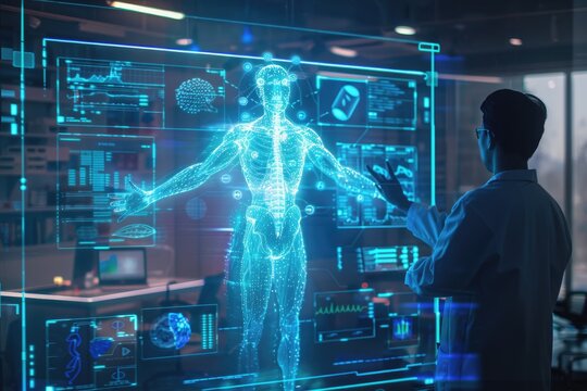 Remote healthcare consultation via hologram, depicting future medicine