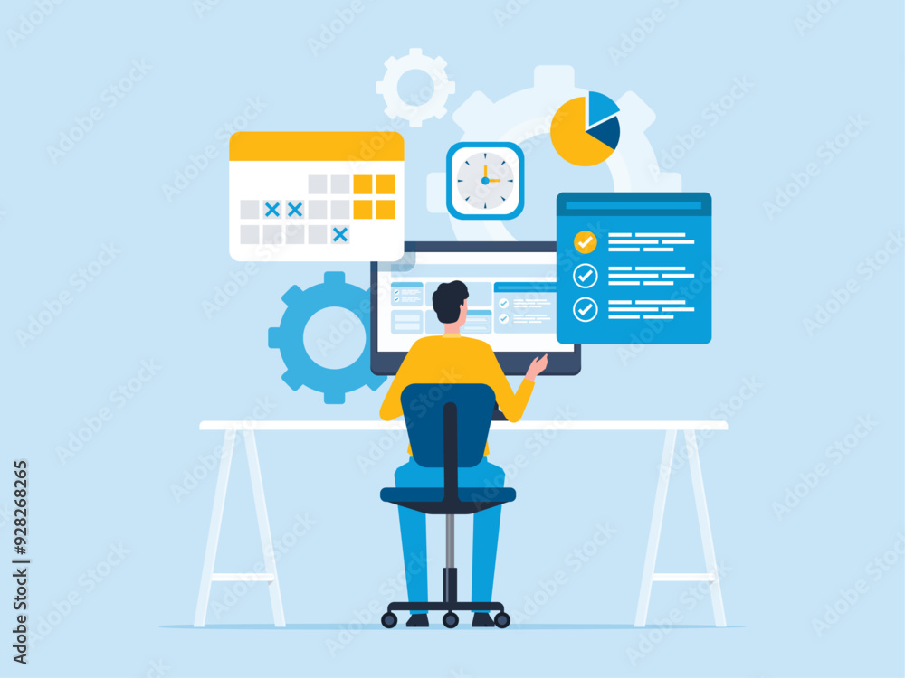 Aufkleber flat vector illustration design business people working with online calendar for working schedule pl