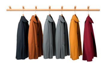 A Rainbow of Coats Hanging on a Wooden Rack Against a White Background on a White or Clear Surface PNG Transparent Background.