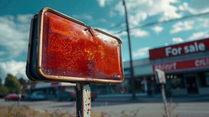Rusty red sign in front of old storefront with "For Sale" sign in the background.