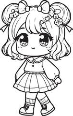 Fototapeta premium Cute little girl lineart coloring book illustration