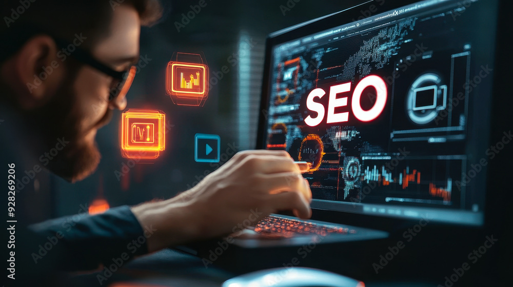 Poster businessman analyzing seo metrics on computer screen for search engine optimization and digital mark