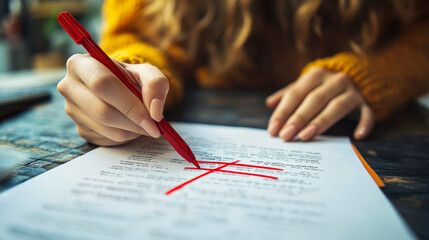 Close-up of Person Marking Document with Red Marker Correcting Errors in Office Setting for Quality Control and Proofreading Concept
