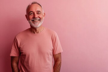 Half body shot of a senior man, smiling warmly, standing against a solid soft pink background with space for text