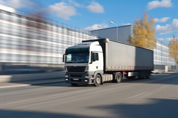 A transport truck rapidly moving through a quiet industrial area, with motion blur to illustrate the speed and efficiency of freight services