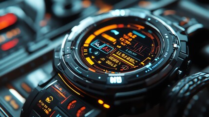 Futuristic digital watch with glowing display.