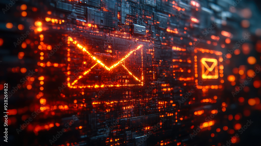 Poster digital email security alert: cybersecurity concept depicting email protection against spam, viruses