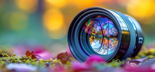 A camera lens lies on a bed of colorful autumn leaves, reflecting the blurred trees and sky.
