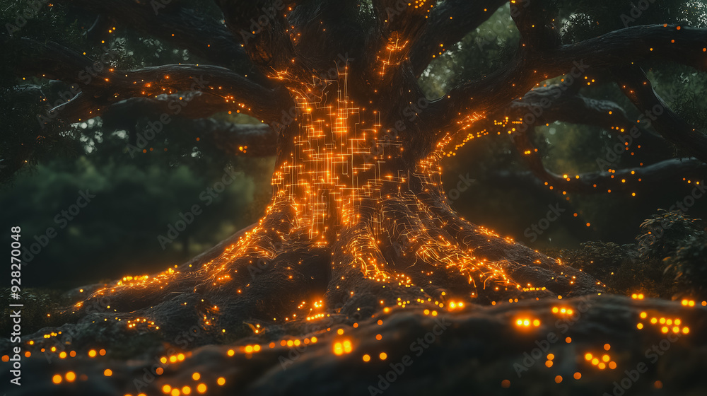 Poster a tree with glowing lights on it. the tree is surrounded by a dark forest