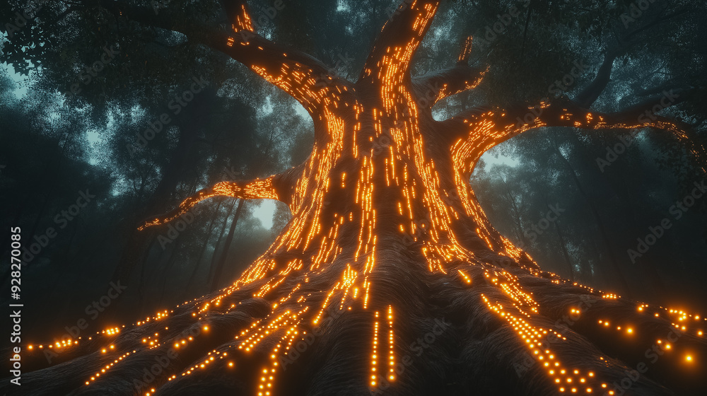 Poster a tree with glowing lights on it. the tree is surrounded by a dark forest. scene is mysterious and e