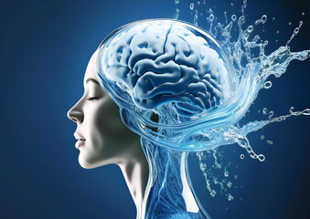 Obraz premium 3d rendering of human head with brain and water splash on blue background