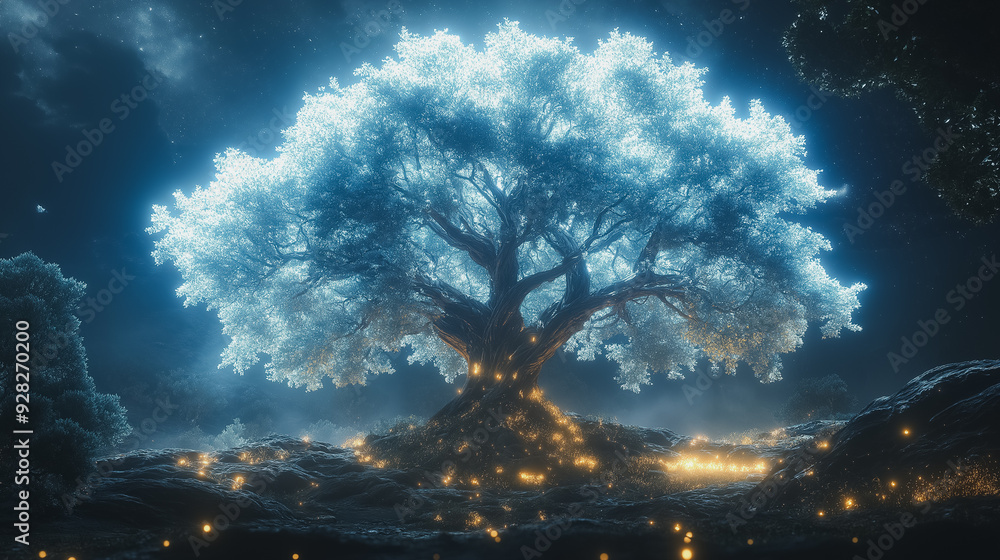 Aufkleber a tree with glowing leaves is the main focus of the image. the tree is surrounded by a dark backgrou