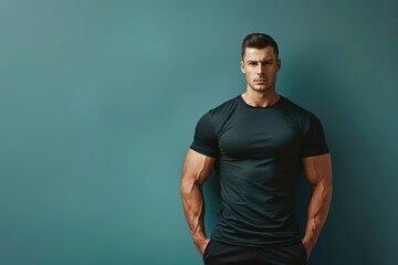 Fototapeta premium Smart and muscular man standing with a fit body, presenting confidently against a solid color backdrop, emphasizing both mental acuity and physical strength