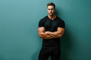 Fototapeta premium Smart and muscular man standing with a fit body, presenting confidently against a solid color backdrop, emphasizing both mental acuity and physical strength