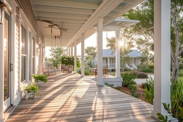 Coastal beach house front porch with white columns, wood planks, and a swing in Seaside Florida, captured in morning light. Editorial style, architectural digest photography.