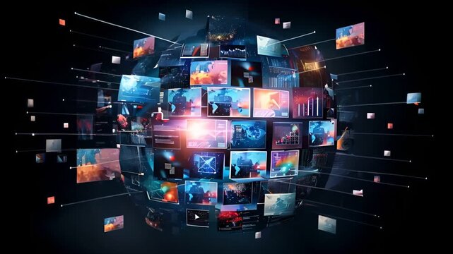 Visual representation of digital media, featuring interconnected screens displaying various content, symbolizing global communication.