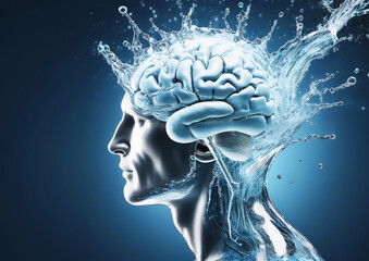 3d rendering of human head with brain and water splash on blue background