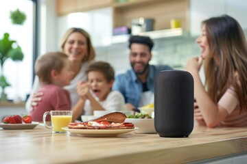Family using a smart speaker to play music and check the news while enjoying breakfast, illustrating the role of AI in modern homes