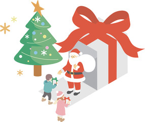 アイソメトリック　クリスマス　サンタクロース　プレゼント　人物　キッズ　イラスト素材セット