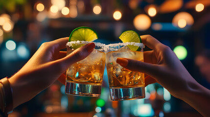Two friends toast with tequila shots, garnished with lime wedges and salt, enjoying a lively atmosphere in a bustling bar