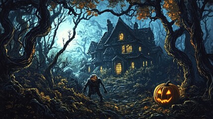 A spooky Halloween scene with a pumpkin zombie creeping through a dark forest towards a haunted house, surrounded by twisted trees and eerie shadows