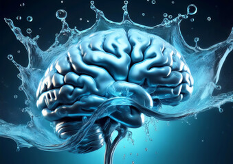 3D render of a human brain in water with splash on blue background