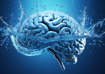 3D render of a human brain in water with splash on blue background