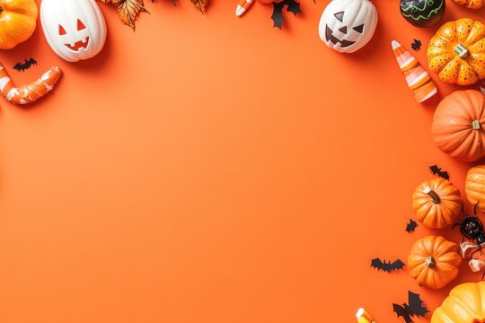 Flat lay of Halloween decorations on an orange background, featuring a blank space for text, great for designing custom greeting cards or party invites