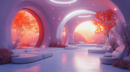 A room with a pink and orange color scheme and a tree in the middle. The room is empty and has a minimalist design