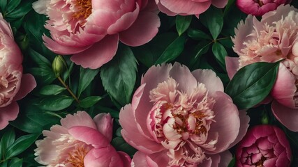Floral background with pink peonies and green leaves.