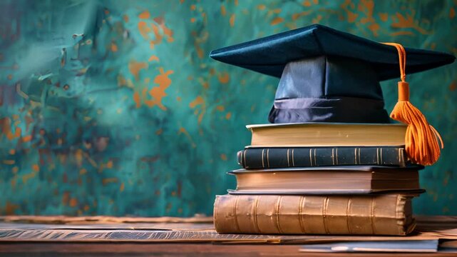 the concept of higher education, master hat and stack of books