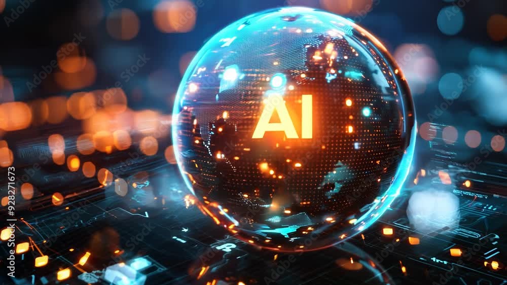 Poster glowing ai globe in futuristic digital environment with orange and blue lights. concepts of artifici
