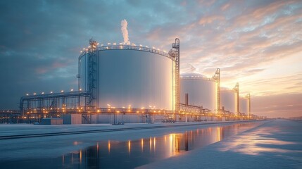 Obraz premium Modern gas storage facility at sunset, showcasing industrial architecture and technology reflecting innovation in energy.