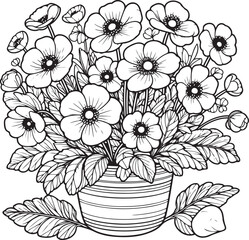 A flower basket line art coloring book illustration