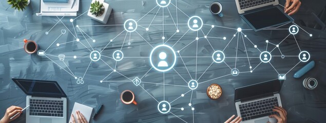 A group of people are sitting at a table with laptops and a notebook