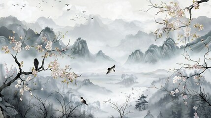chinoiseries style painting of panorama mountain scene, illustration	