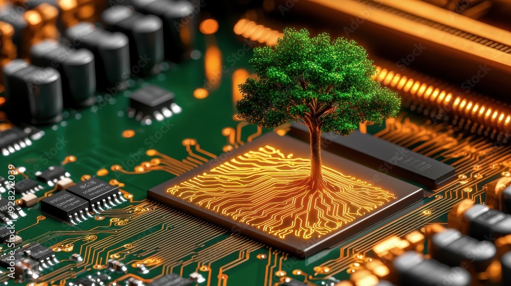 Poster futuristic fusion of nature and technology featuring a tree growing from a computer circuit board, s