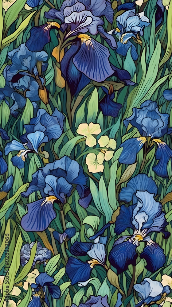 Wall mural Wallpaper seamless pattern of Iris flowers	