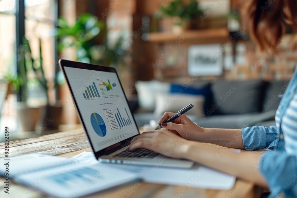 Poster a person is using a laptop to analyze data on a screen