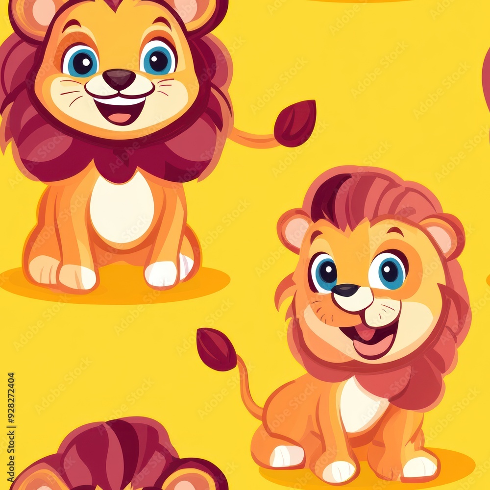 Poster A colorful pattern featuring cute cartoon lions on a bright yellow background.