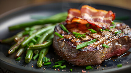 Grilled Steak with Bacon and Green Beans - Delicious Meal Photography