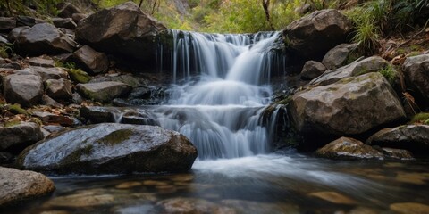 Obraz premium Closeup of a small waterfall, with water gushing down a slope of uneven rocks, creating a dynamic and energizing view.